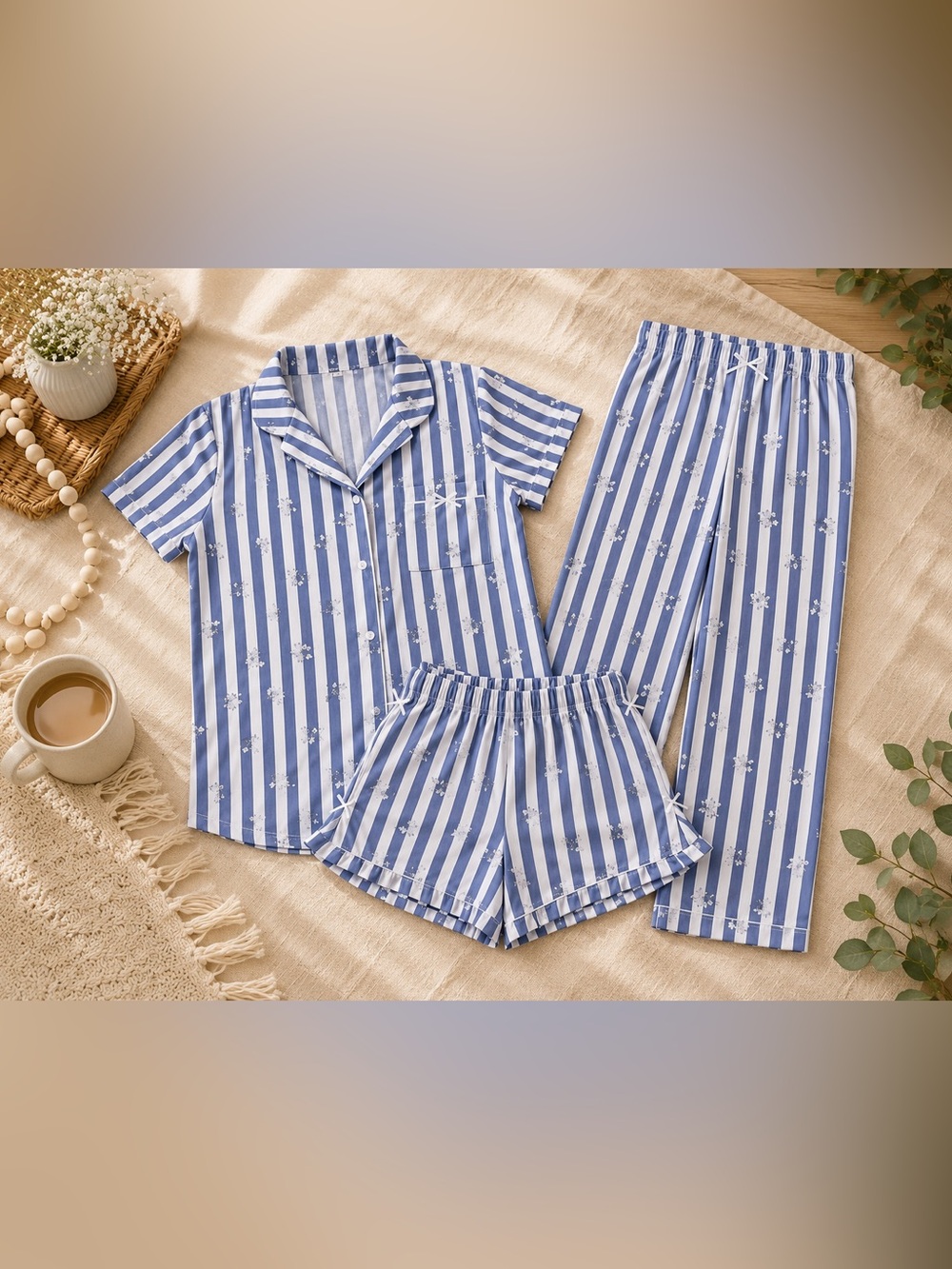 3PC Bamboo Bow Stripe Pajama Set | Button Top Pants & Shorts
